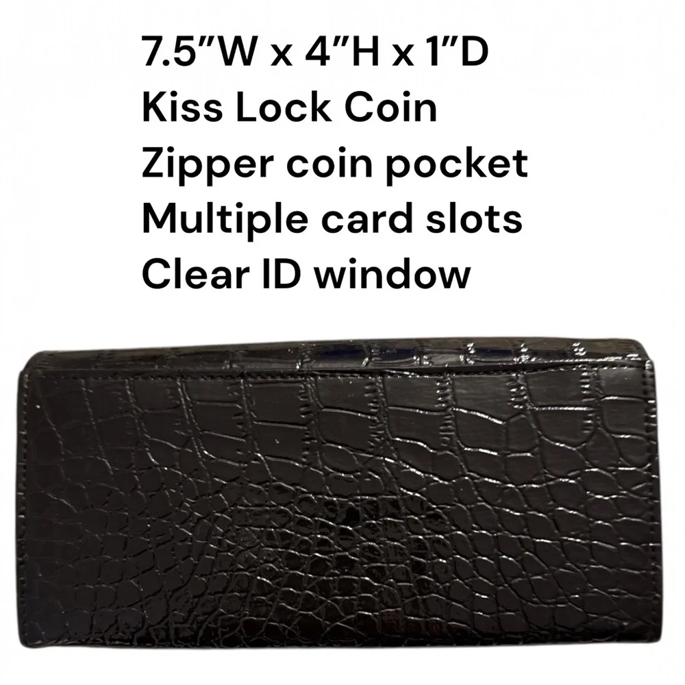 Metropolitan Croc Embossed Bifold Kiss Lock Wallet Clutch Black Vegan Leather